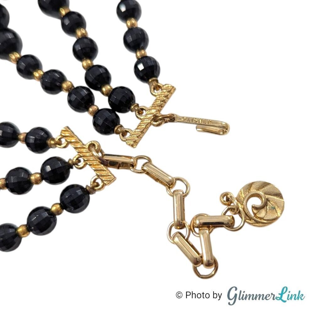 Vintage Lisner Triple Strand Black Faceted Bead Ribbed Gold Tone Bead Necklace - Picture 7 of 9